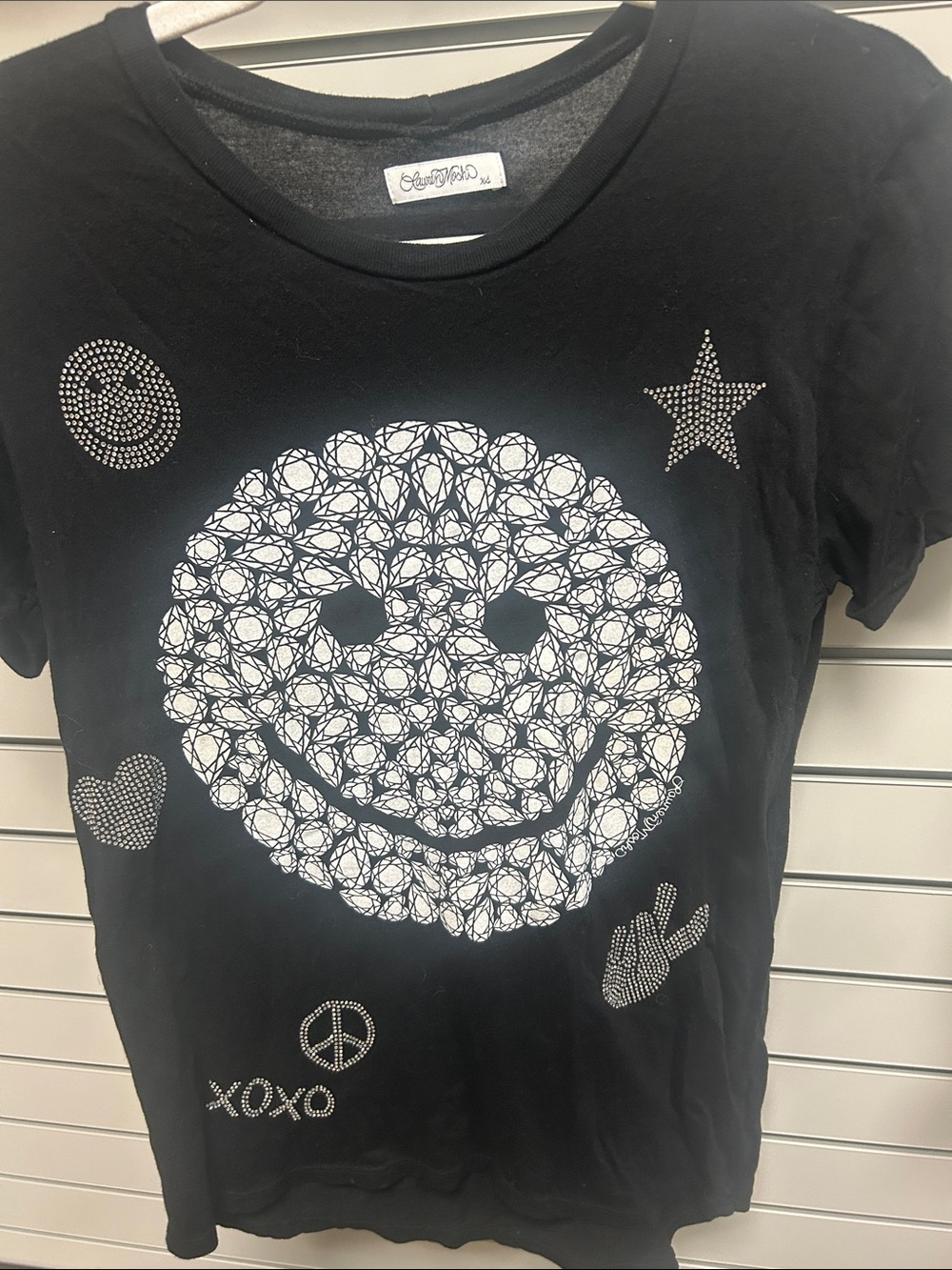 Lauren Moshi Black Short-Sleeve Graphic Smile Tee with Rhinestone Motifs